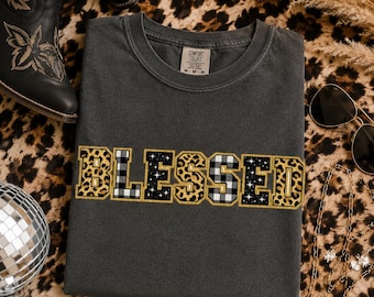 BLESSED PNG | Leopard Print Checkered Block Letters Sublimation Design | Christian Cowgirl Shirt PNG | Boho Western | Instant Download