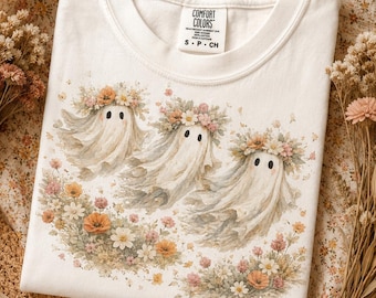 Floral Ghost Trio PNG | Cottagecore Ghost Clipart | Fall Ghosts with Flower Crowns | Impasto Autumn Halloween PNG | Whimsical Ghost Friends