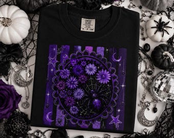 Halloween Sublimation Design PNG, Boho Mandala Purple Spider Web Wildflower DTF Print, Spooky Floral Shirt Design Digital Download