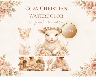 Christian Watercolor Clipart Bundle | Cozy Faith Cottagecore Bible Journaling PNGs