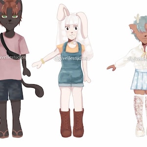 May include: Three cartoon characters: a cat, a rabbit, and a deer. The cat wears a pink shirt, black shorts, and a fanny pack. The rabbit has a denim jumper and brown boots. The deer wears a white shirt and a blue skirt.
