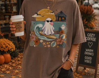 Ghost Surfer PNG Boho Beach Clipart, Cute Ghost Sublimation Design, Summer Halloween T-Shirt Design, Surfing Ghost Sunglasses Bubblegum