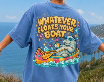 Whatever Floats Your Boat PNG, Yellow Retro Summer PNG, Funny Manatee Canoe Design, Beach Vacation Graphic, Coastal Sublimation Download