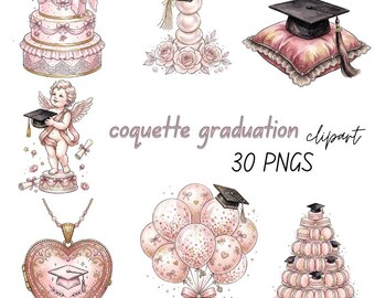Coquette Graduation Clipart Bundle, Pink Bow Grad PNG Set, Girly Graduation Sublimation Designs, Pink and Gold Grad Clipart, 30 PNG