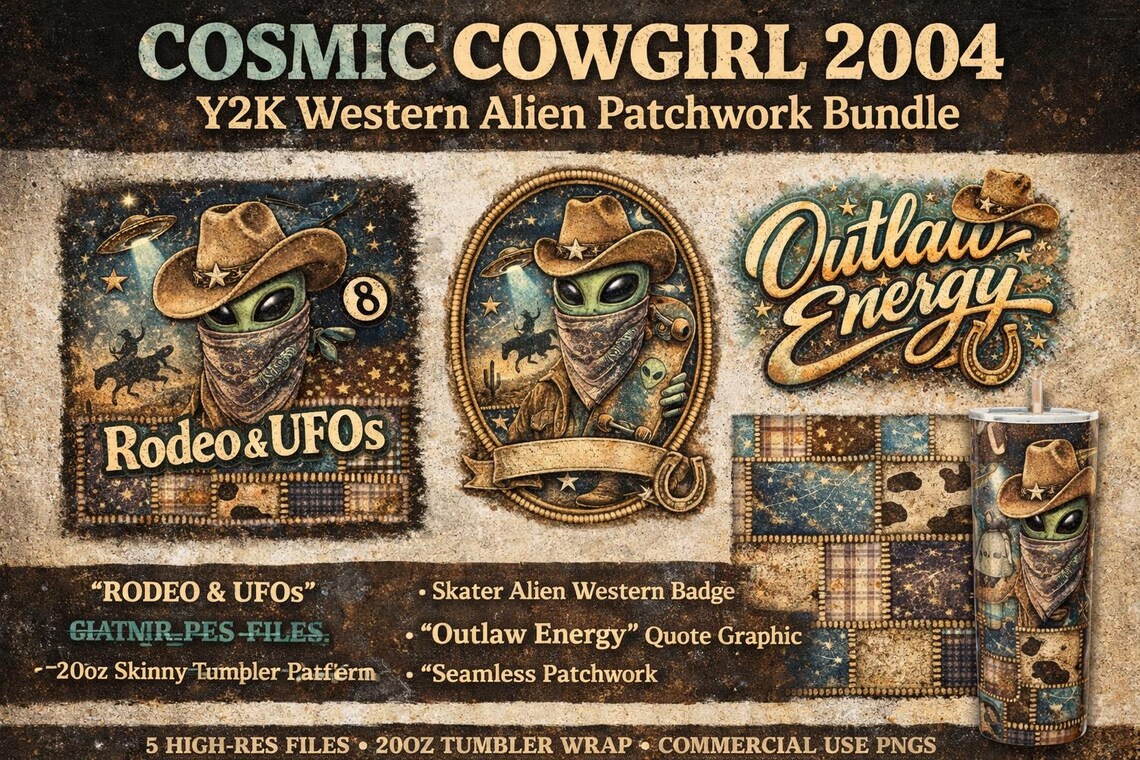 Cosmic Cowgirl PNG Bundle – Y2K Western Alien Patchwork (digital ...