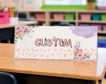 Editable Teacher Desk Name Plate Template | Canva Classroom Name Tag | Printable Teacher Desk Sign | Floral Pink Decor | Instant Download