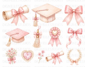 Pink Graduation Clipart Bundle, Coquette Girly PNG Elements (Digital Download)
