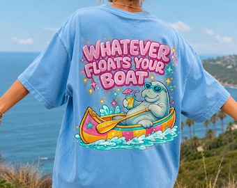 Whatever Floats Your Boat PNG, Funny Manatee PNG, Summer Vacation Shirt Design, Retro Beach Graphic, Coastal Sublimation Print, Tropical PNG