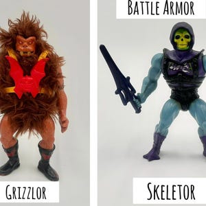 May include: Two action figures: Grizzlor, a brown furry monster with a red chest piece, and Skeletor, a blue and purple figure with a skull face and a dark blue sword. Text reads "Battle Armor", "Grizzlor", and "Skeletor".