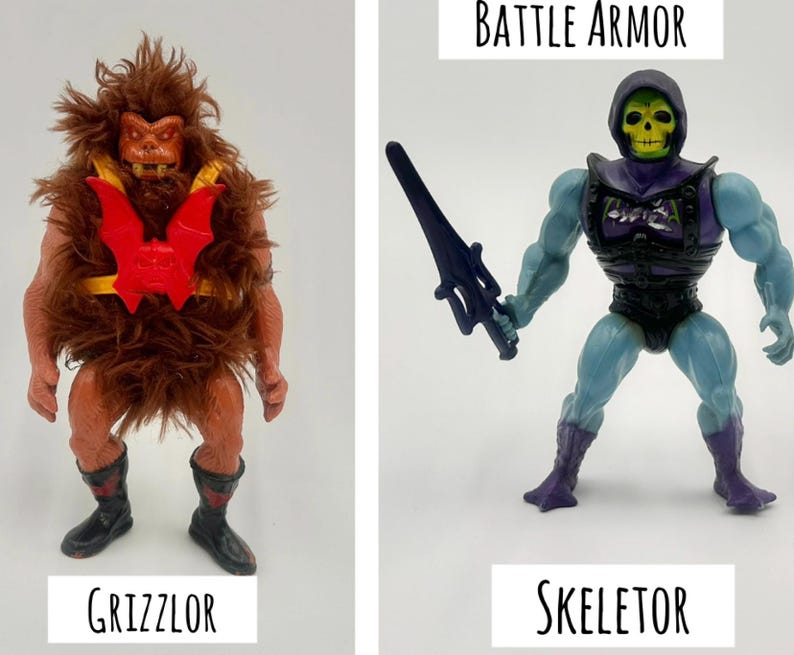 May include: Two action figures: Grizzlor, a brown furry monster with a red chest piece, and Skeletor, a blue and purple figure with a skull face and a dark blue sword. Text reads "Battle Armor", "Grizzlor", and "Skeletor".