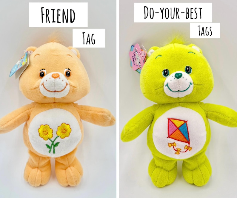 May include: Two plush bear toys with tags. The left bear is peach-colored with two yellow flowers on its belly. The right bear is lime green with a red and blue kite on its belly. Text labels read FRIEND TAG and DO-YOUR-BEST TAGS above each bear.