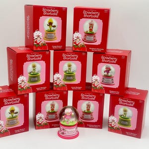 May include: A display of Strawberry Shortcake snow globes and their red boxes. The boxes feature the Strawberry Shortcake logo and character images. The snow globes contain different characters.