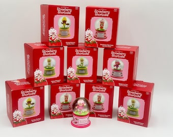 May include: A collection of Strawberry Shortcake snow globes and boxes. The boxes are red with the Strawberry Shortcake logo and character illustrations. The snow globes feature various characters inside.