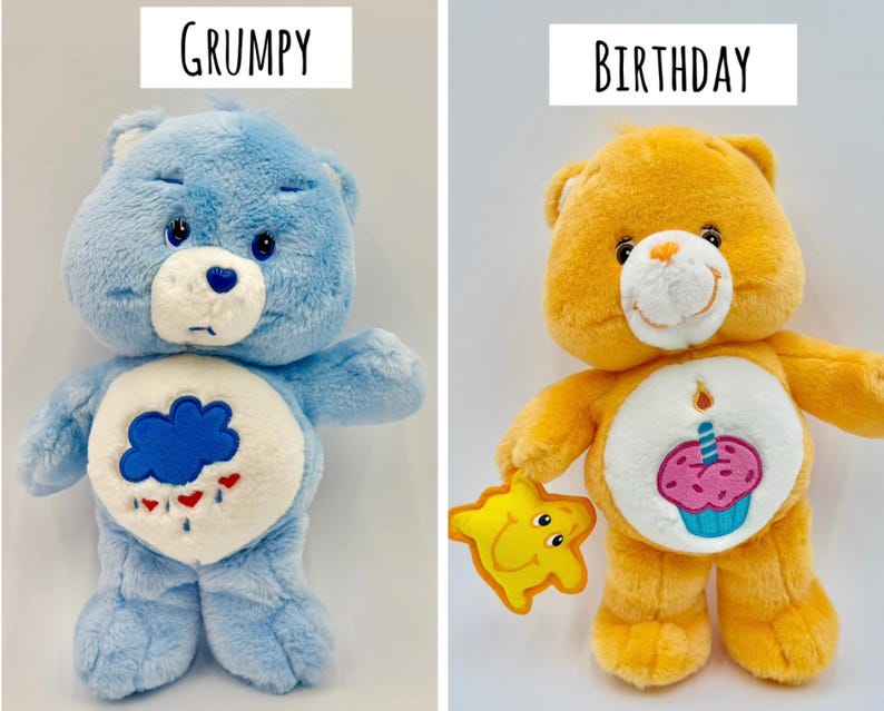May include: Two plush bears. The left bear is light blue with a white belly patch featuring a blue rain cloud and red hearts, labeled GRUMPY. The right bear is orange with a white belly patch featuring a cupcake with a candle, labeled BIRTHDAY.