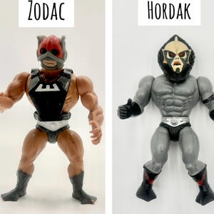 May include: Two action figures, ZODAC and HORDAK, stand side-by-side. ZODAC is tan with a red helmet and black armor. HORDAK is gray with a black mask and red accents on his boots. The figures are posed with thumbs up.