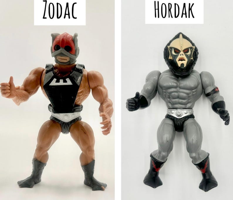 May include: Two action figures, ZODAC and HORDAK, stand side-by-side. ZODAC is tan with a red helmet and black armor. HORDAK is gray with a black mask and red accents on his boots. The figures are posed with thumbs up.