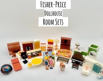 Vintage 1980s Fisher-Price Dollhouse Furniture Decortor Sets, Pieces, and Family