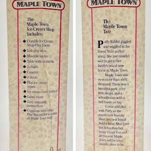May include: Two vintage Maple Town boxes. One box lists the Ice Cream Shop's features, including a play room, table, and chairs. The other box tells a story about Patty Rabbit and Maple Town. Both boxes have the Maple Town logo.