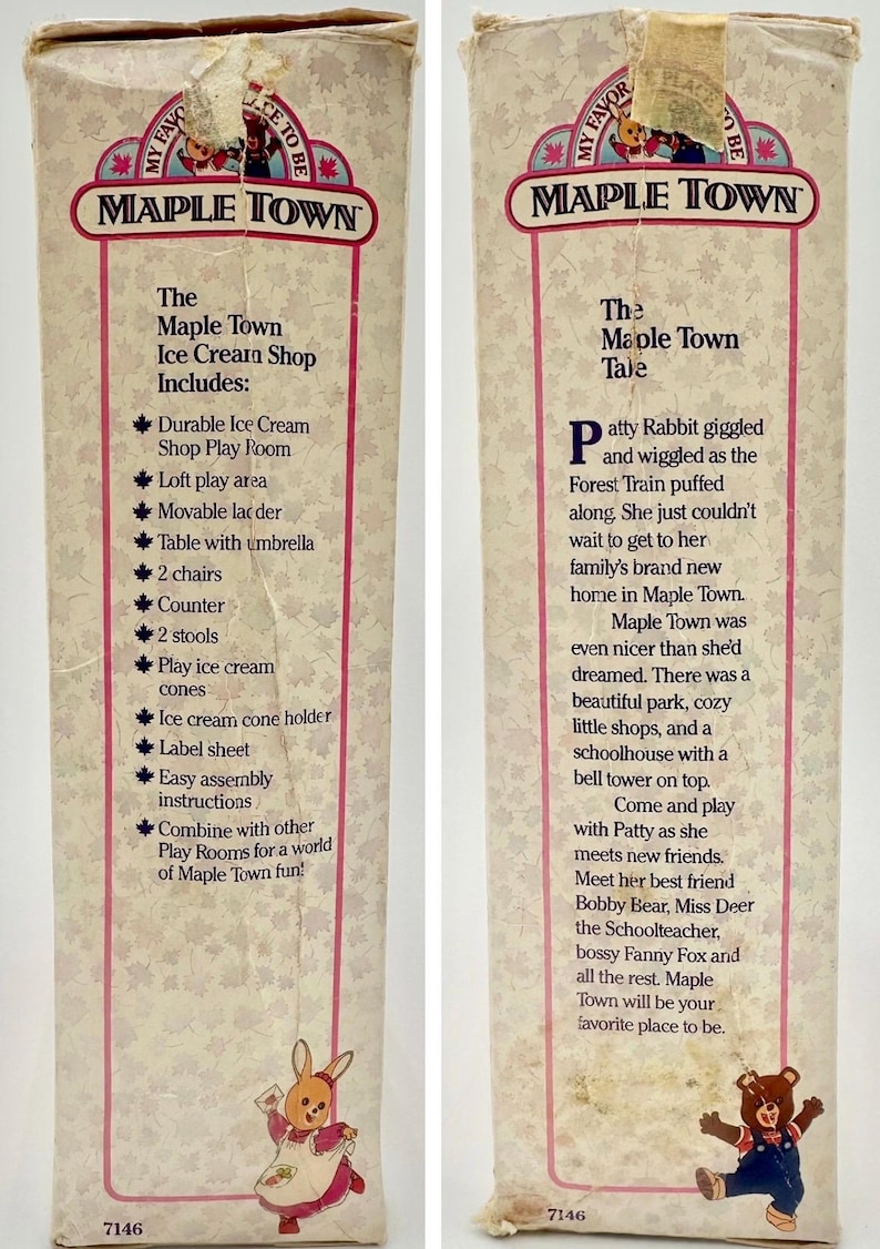May include: Two vintage Maple Town boxes. One box lists the Ice Cream Shop's features, including a play room, table, and chairs. The other box tells a story about Patty Rabbit and Maple Town. Both boxes have the Maple Town logo.