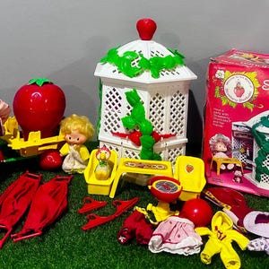 Domek ogrodowy Strawberry Shortcake z lat 80. z pudełkiem nr 43450, wózkiem ślimakowym i dodatkami