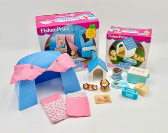 Vintage 1994 Fisher-Price Dream Dollhouse Family Camping No.4672 and Family Pets Set #74611 in Open Boxes