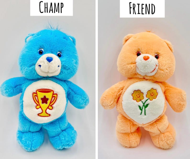 May include: Two plush bears. The blue bear on the left is labeled CHAMP and features a yellow trophy emblem on its white belly patch. The orange bear on the right is labeled FRIEND and features two yellow flowers on its white belly patch.