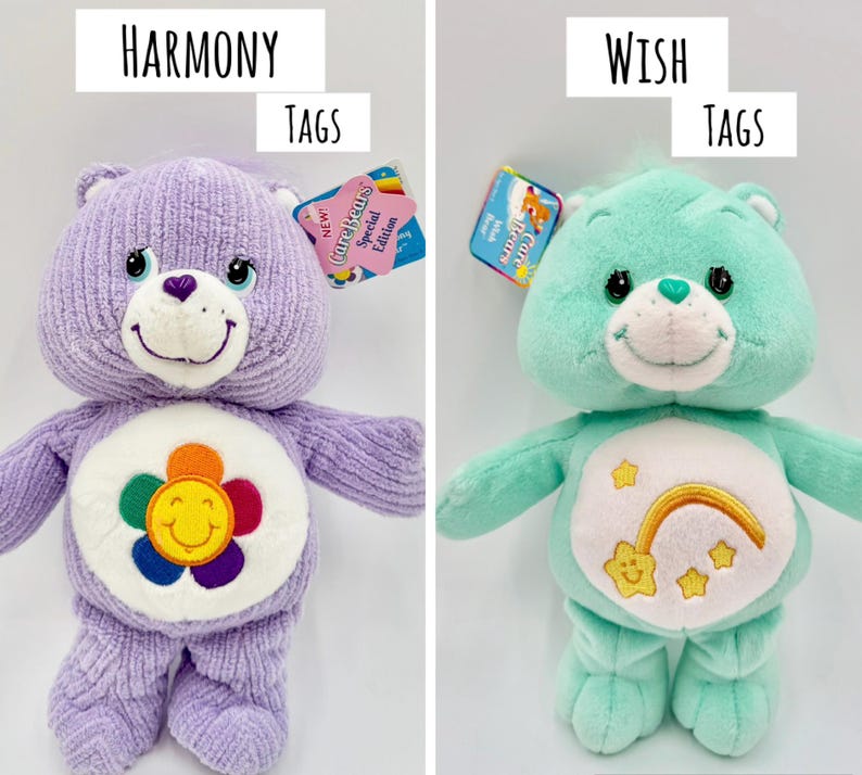 May include: Two plush bear toys with tags. The left bear is purple with a textured corduroy-like fabric and a flower belly badge. The right bear is mint green with a smooth fabric and a rainbow and star belly badge. Text reads HARMONY TAGS and WISH TAGS.