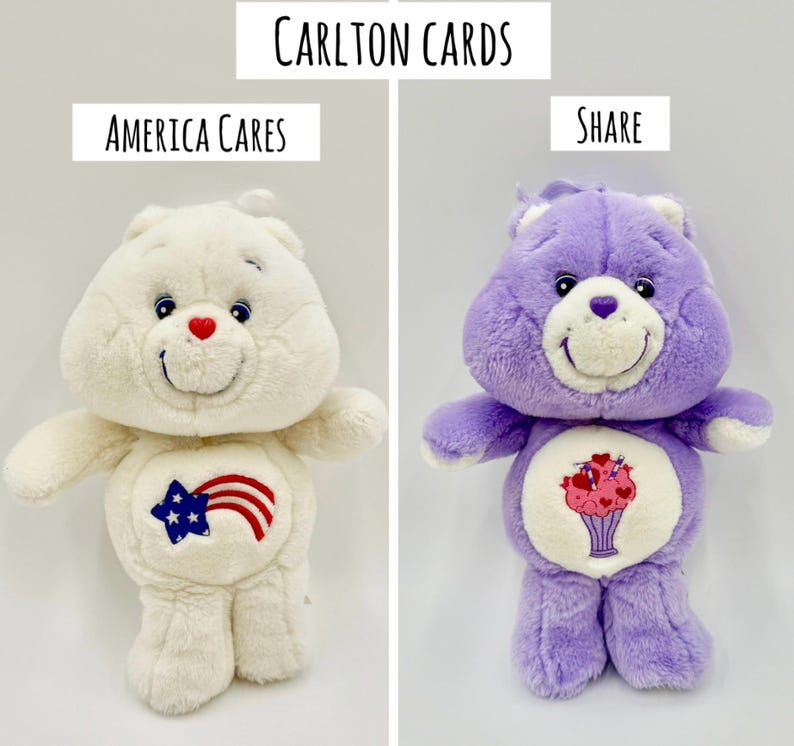 May include: Two Carlton Cards plush toys. The left toy is white with a red, white, and blue star and stripe graphic on its belly and the text America Cares. The right toy is purple with a pink milkshake graphic on its belly and the text Share.