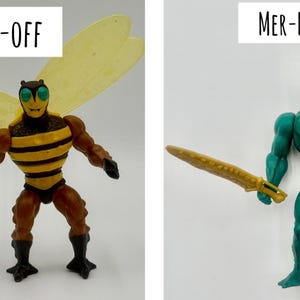 May include: Two action figures: "Buzz-Off," a bee-themed character with yellow wings and striped torso, and "Mer-Man," a teal-colored humanoid with a sword. The figures are posed against a white background.