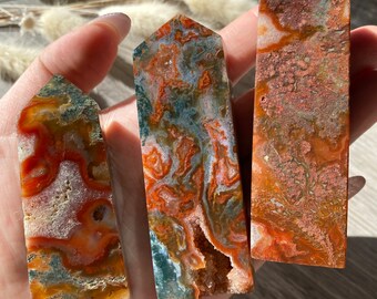 High Quality Carnelian x Moss Agate Tower Red Moss Agate Crystal Tower with Druzy Banding