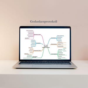May include: A silver laptop showing a mind map with the German text "Gedankenprotokoll" at the top. The mind map uses various colours to connect concepts related to cognitive behavioural therapy.