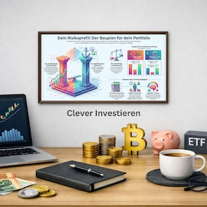 May include: A framed infographic titled "Dein Risikoprofil: Der Bauplan für dein Portfolio" hangs above a desk with a laptop, notebook, coins, a Bitcoin symbol, a piggy bank, and a coffee cup. The text "Clever Investieren" is below the frame.