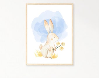 Bunny woodland animal nursery printable, Bunny art printable