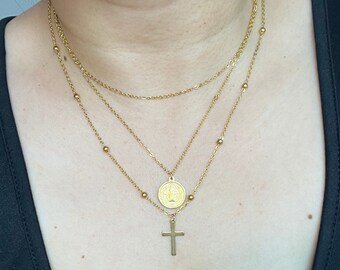 Layering Cross Necklace for Women Cruz Necklace Gold Cross Pendant Necklace Multi Layer Cross Necklace Jesus Necklace Gold Crucifix Necklace