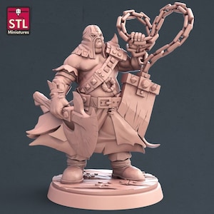 May include: A 3D printed miniature of a fantasy character, a hooded figure wielding a large axe and a chain. The figure is wearing a leather jerkin with studded straps and a long, flowing robe. The miniature is painted in a light brown color and is standing on a circular base.