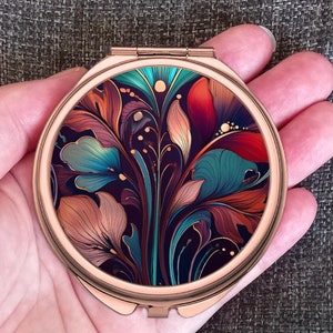 Runder Taschenspiegel, Art Deco, Blätter in Rot und Türkis, Rosegoldrahmen. Vintage Make-up Kompakt, Vergangene Zeiten Taschenspiegel. Retro Schönheit Geschenk