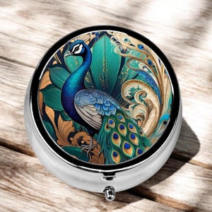 Boîte à pilules art déco avec miroir, étui à pilules paon pour sac à main, organiseur de médicaments de style vintage avec 3 compartiments. Cadeau rétro pour elle