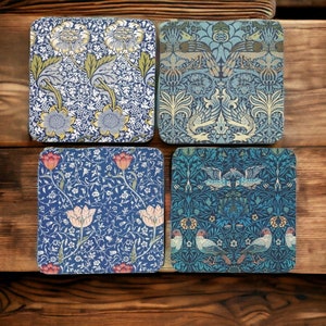 William Morris Coasters Set of 4, Blue Wooden Drink Mats, Mixed Morris Patterns. Vintage Tableware, Housewarming Gift, New Home Decor