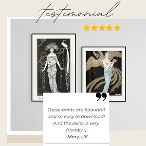 May include: Two framed art prints featuring Art Deco illustrations of elegant women. The prints are in black frames and set against a neutral background. The image includes a customer testimonial with five gold stars.