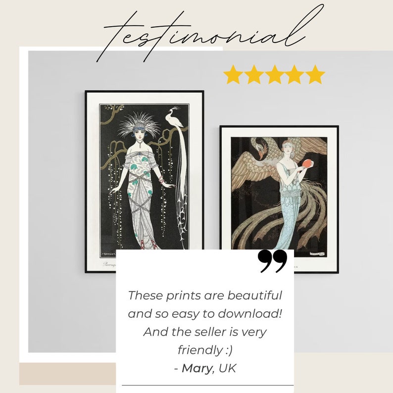 May include: Two framed art prints featuring Art Deco illustrations of elegant women. The prints are in black frames and set against a neutral background. The image includes a customer testimonial with five gold stars.