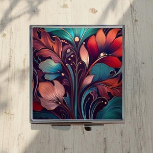 Portapillole quadrato con specchio, portapillole con foglie Art Déco per borsa, organizer per medicinali vintage con 3 scomparti. Regalo retrò per lei