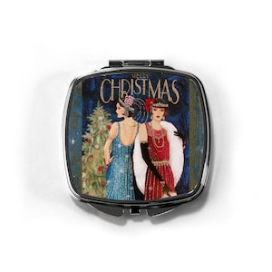 1920s Christmas Art Deco Compact Mirror, Pocket Handbag Mirror, Lightweight Compact. Stocking Filler for Women, Christmas Gift for Girls