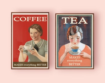 Retro Tea and Coffee Posters, Vintage Kitchen Decor. DIGITAL DOWNLOAD, 5x7, 6x8, Past Times Printables. Housewarming Gift, Kitchen Wall Art