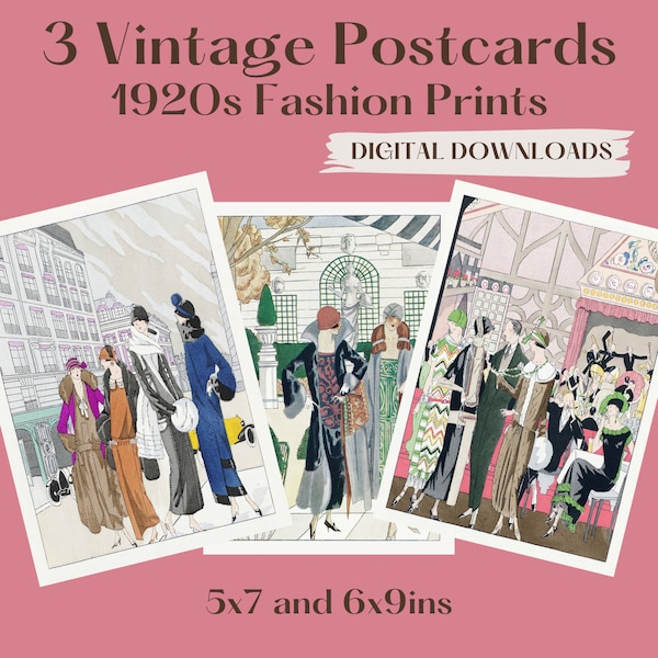Set of 3 1920s Vintage Postcards, DIGITAL DOWNLOAD. Fashion Art Deco Prints, 5x7 and 6x9in. For Display, Journal, Collage, Scrapbooking.