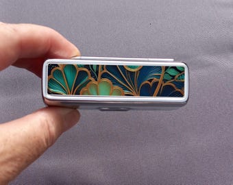 Art Deco Lippenstifthalter mit Spiegel, Lippenstiftetui in Türkis und Gold. Hart Etui für Lippenstift - Lipgloss, Retro Beauty Geschenk für Frau, Freundin