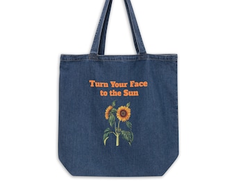 Denim Tote Bag with Pocket feat. Vintage Sunflower Print, Vegan Bags for Women UK, Summer Bag, Eco Friendly Gift for Her, Valentine's Gift