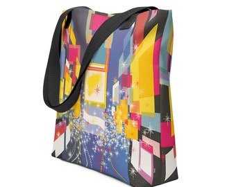 Colourful Abstract Tote Bag, Travel Tote, New York Print, Vintage Art. Large Work Bag, Retro Purse for Women, Uni Gift Girls, Friend Gift