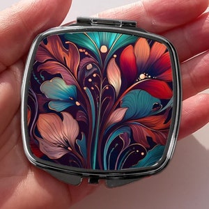 Art Deco Taschenspiegel in Petrol und Rot, Vintage Make-up Kompakt, Past Times Taschenspiegel. Retro Beauty Geschenk für Frau, Freundin, Freund