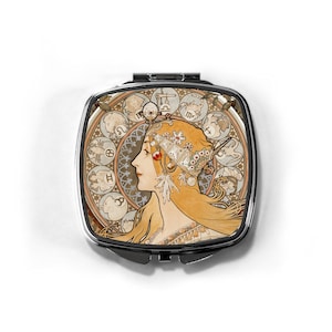 Vintage Alphonse Mucha Zodiac Compact Mirror, Past Times Pocket Mirror, Makeup Vintage Compact. Mother&#39;s Day Gift for Mum, Mom, Grandma