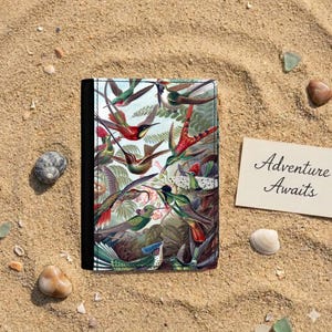 Hummingbird Passport Holder, Vintage Bird Illustration Cover, Faux Leather Travel Wallet Organiser